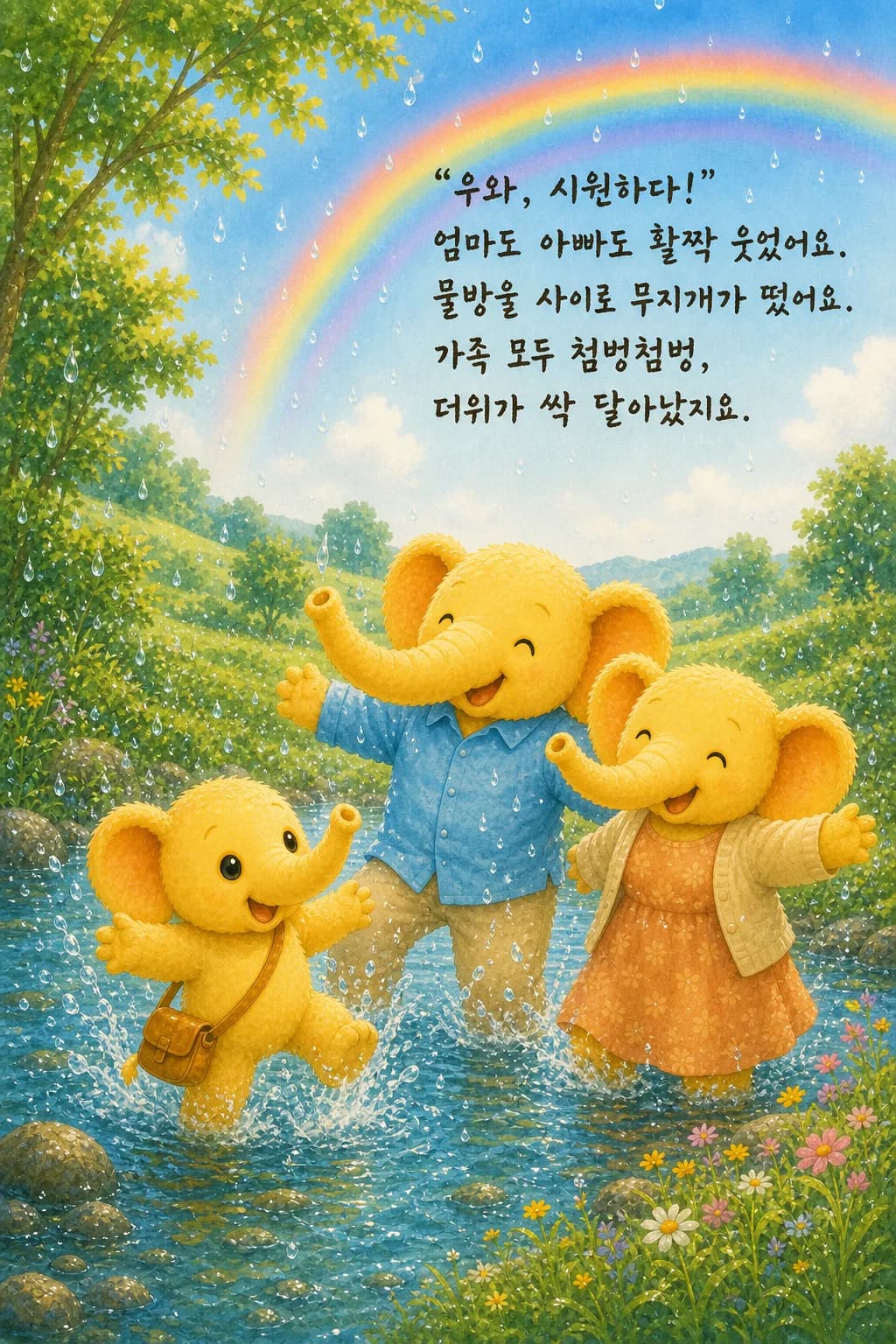 물줄기 아래에서 노는 가족과 작은 무지개