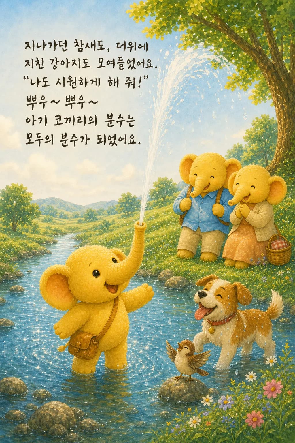 참새와 강아지도 함께 물줄기 아래 모인 모습