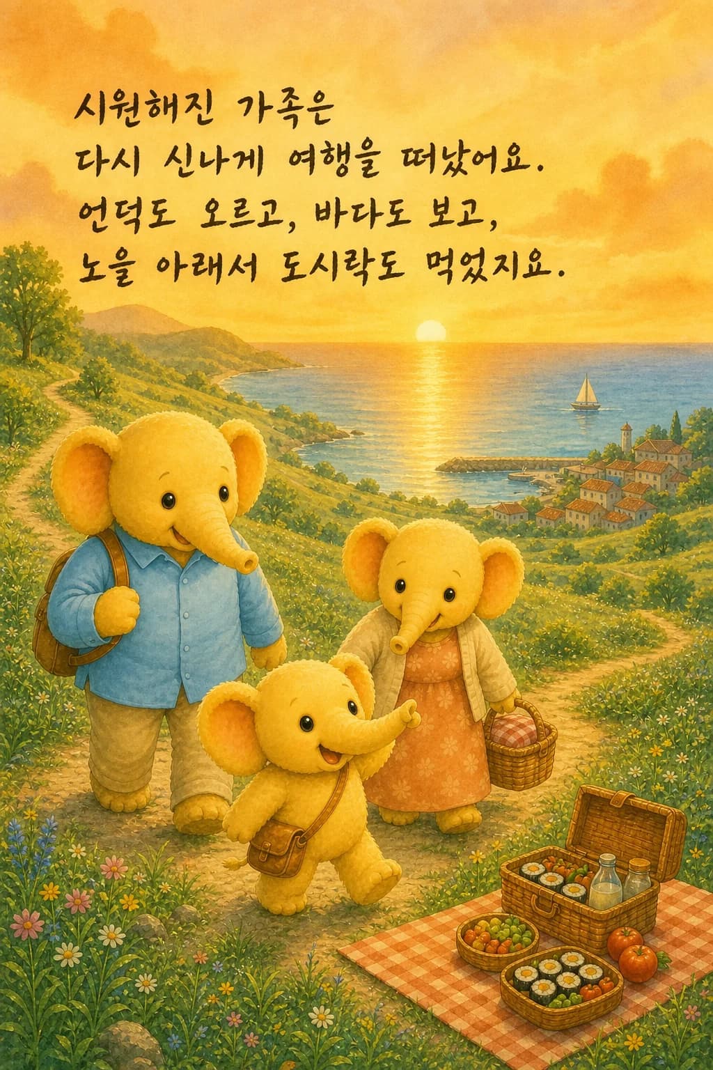 노을 진 언덕 위 코끼리 가족