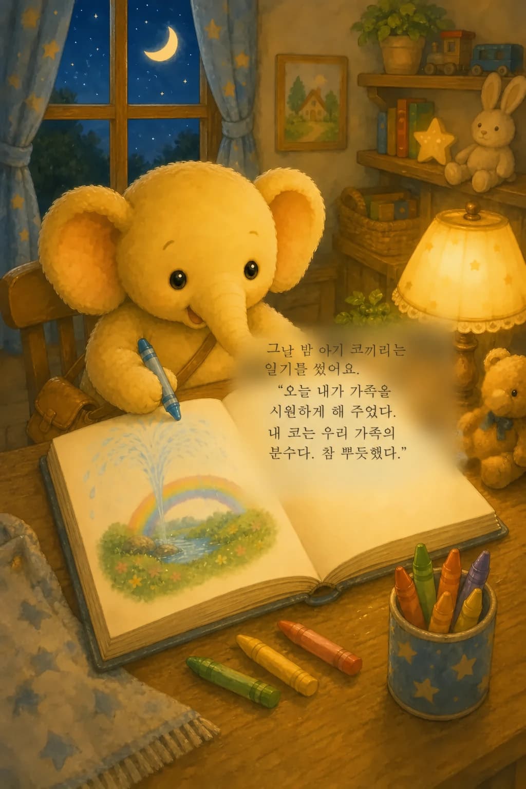 책상에서 일기를 쓰는 아기 코끼리