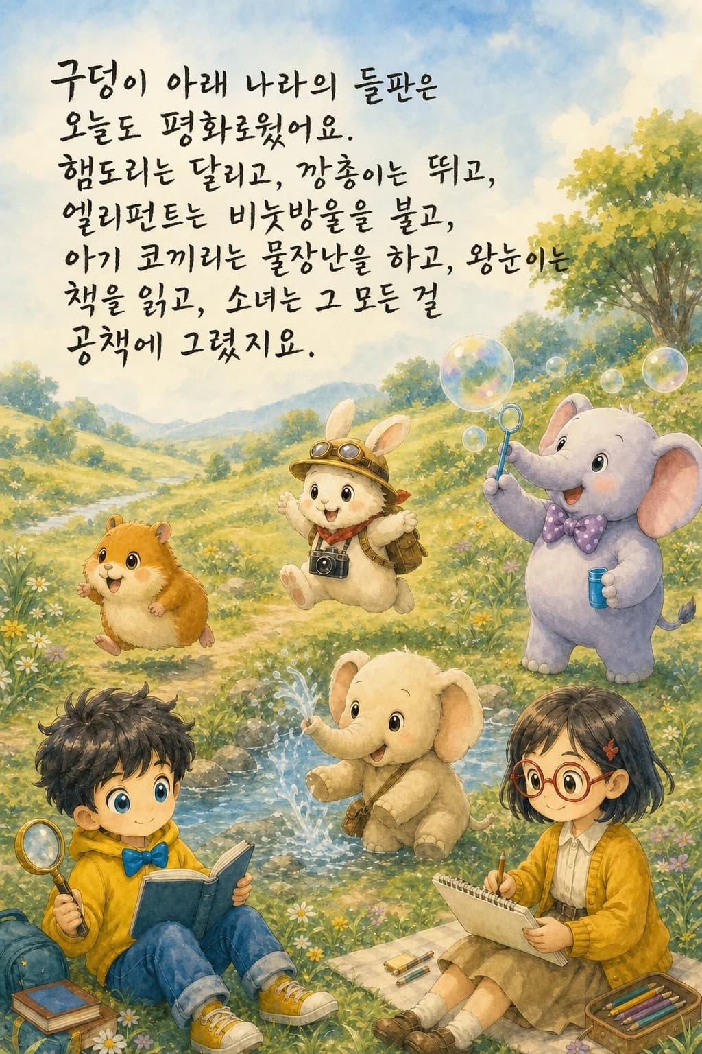 평화로운 들판에서 각자 좋아하는 일을 하는 여섯 친구