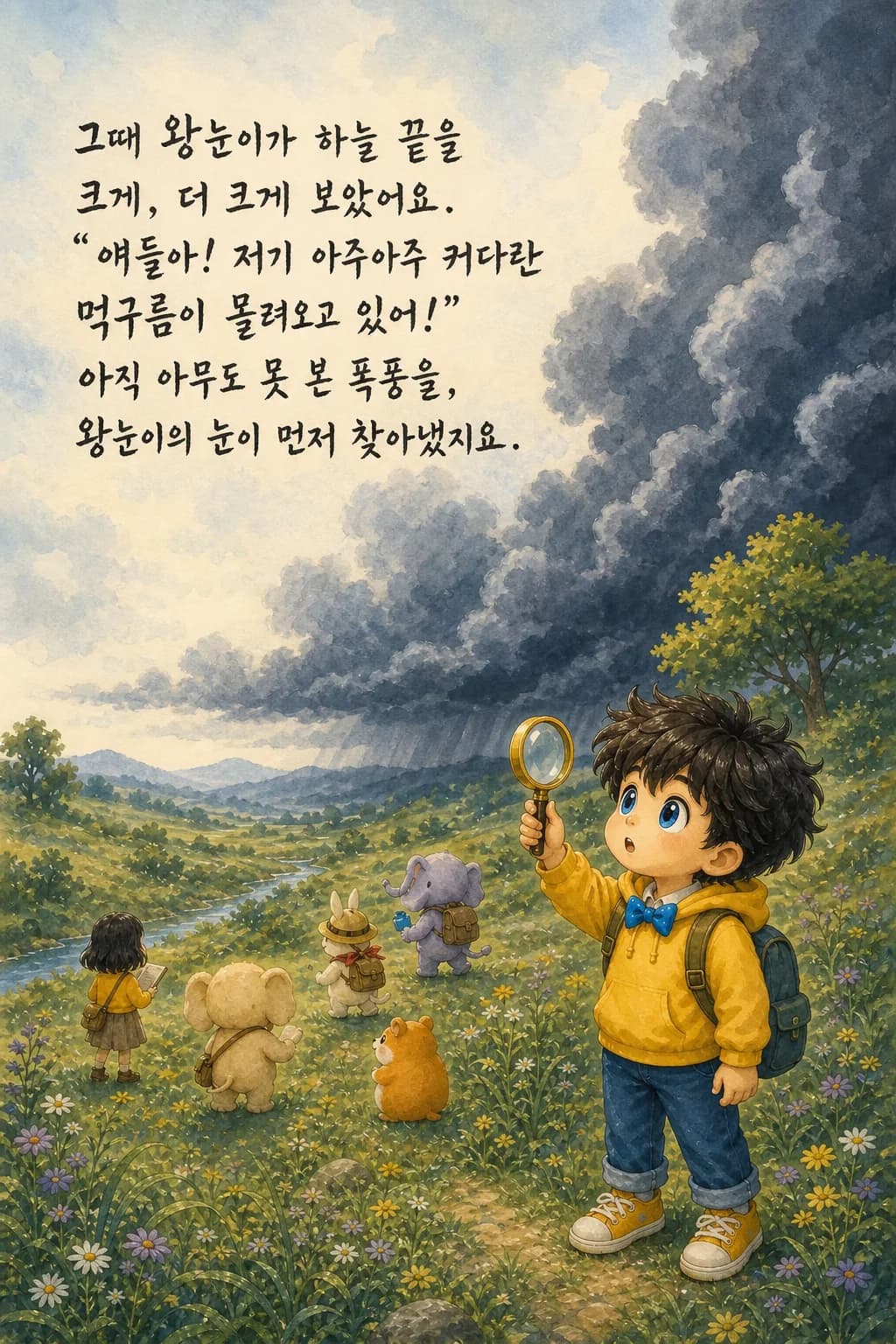 돋보기 너머로 멀리 먹구름을 발견한 왕눈이