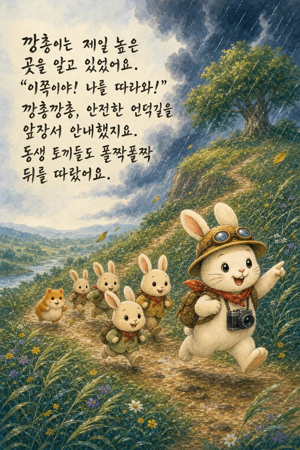 언덕길을 앞장서 안내하는 깡총이와 뒤따르는 동물들