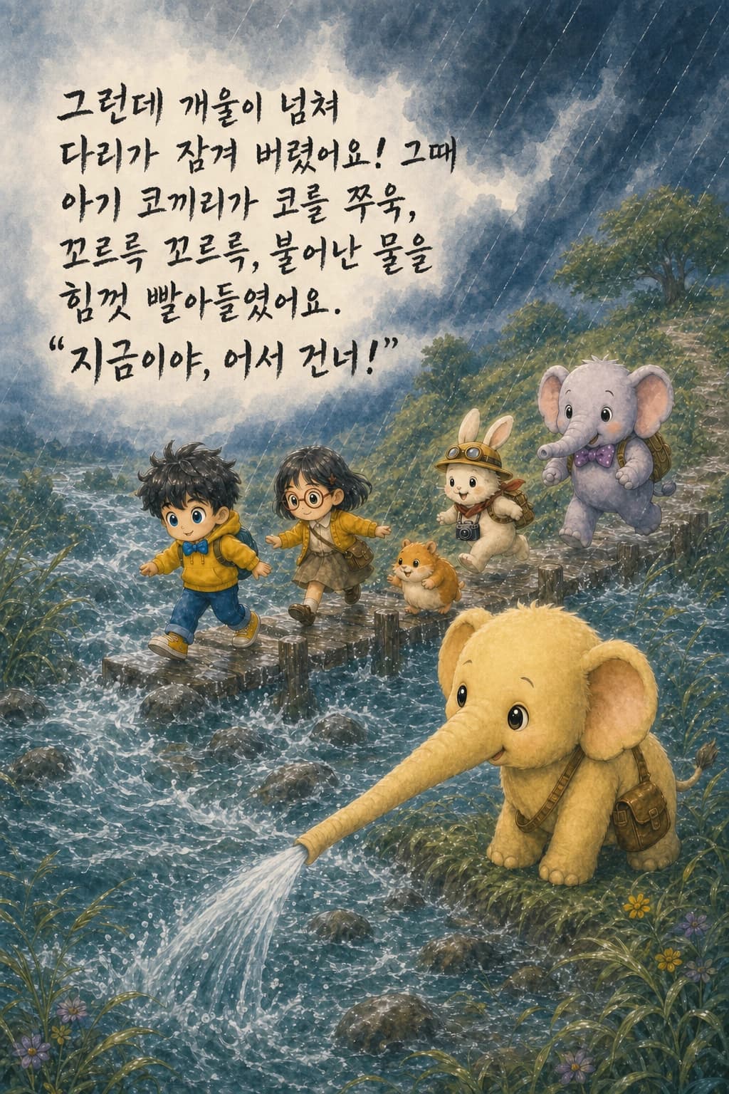 코로 물을 빨아들여 길을 여는 아기 코끼리와 건너는 친구들