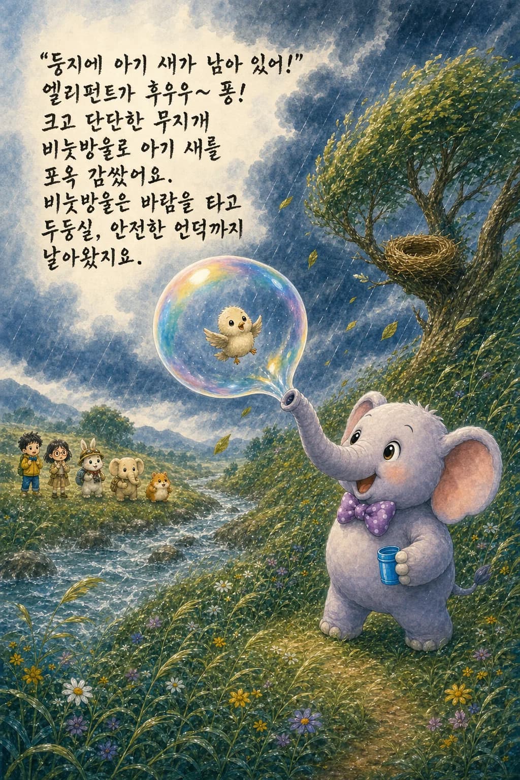 무지개 비눗방울에 감싸여 구조되는 아기 새