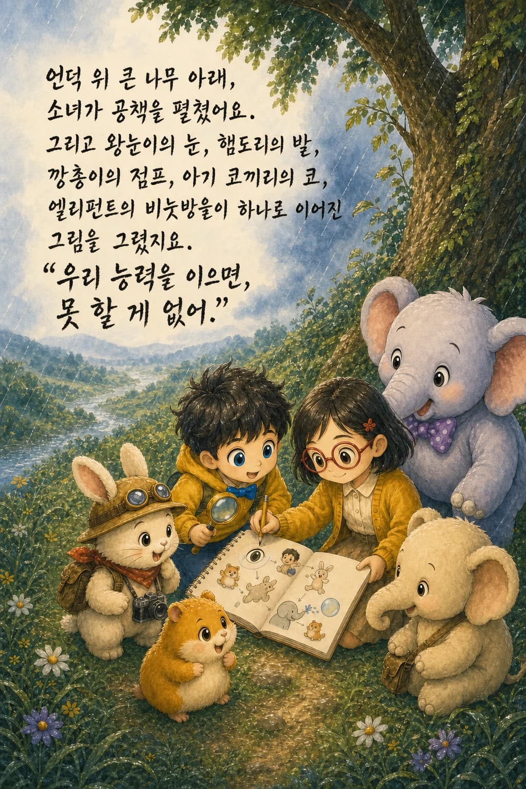 공책에 여섯 친구의 능력을 잇는 계획을 그리는 소녀