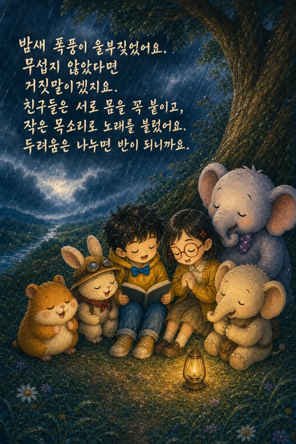 큰 나무 아래 서로 기대어 밤을 견디는 여섯 친구