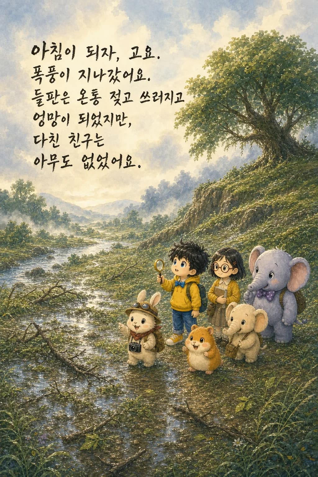 폭풍이 지나간 아침, 젖은 들판을 바라보는 친구들