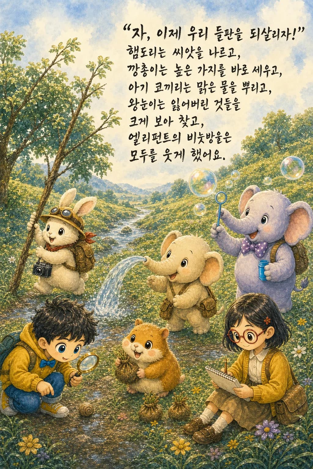 저마다의 능력으로 들판을 복구하는 여섯 친구