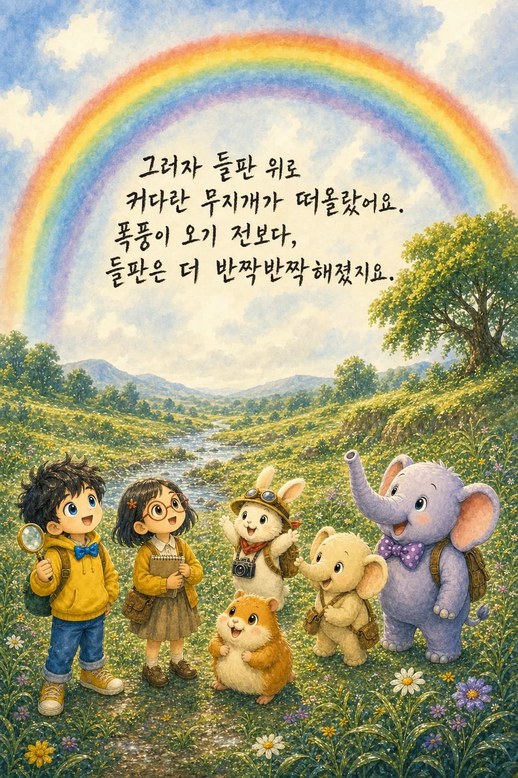 되살아난 들판 위에 뜬 커다란 무지개