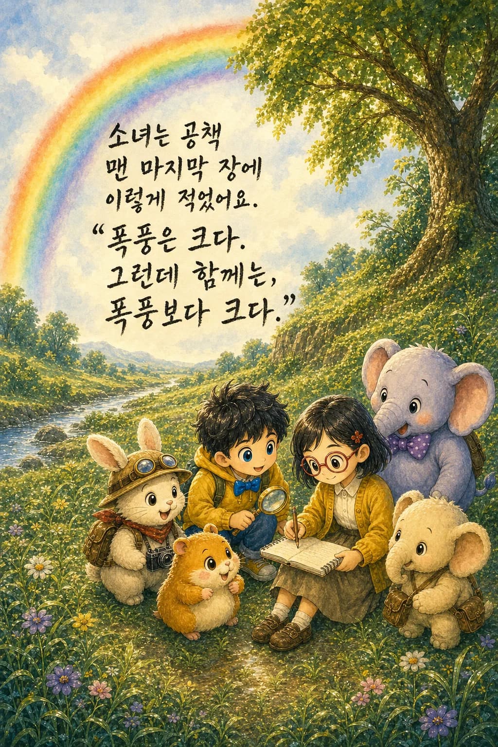공책에 마지막 문장을 적는 소녀와 어깨동무한 친구들