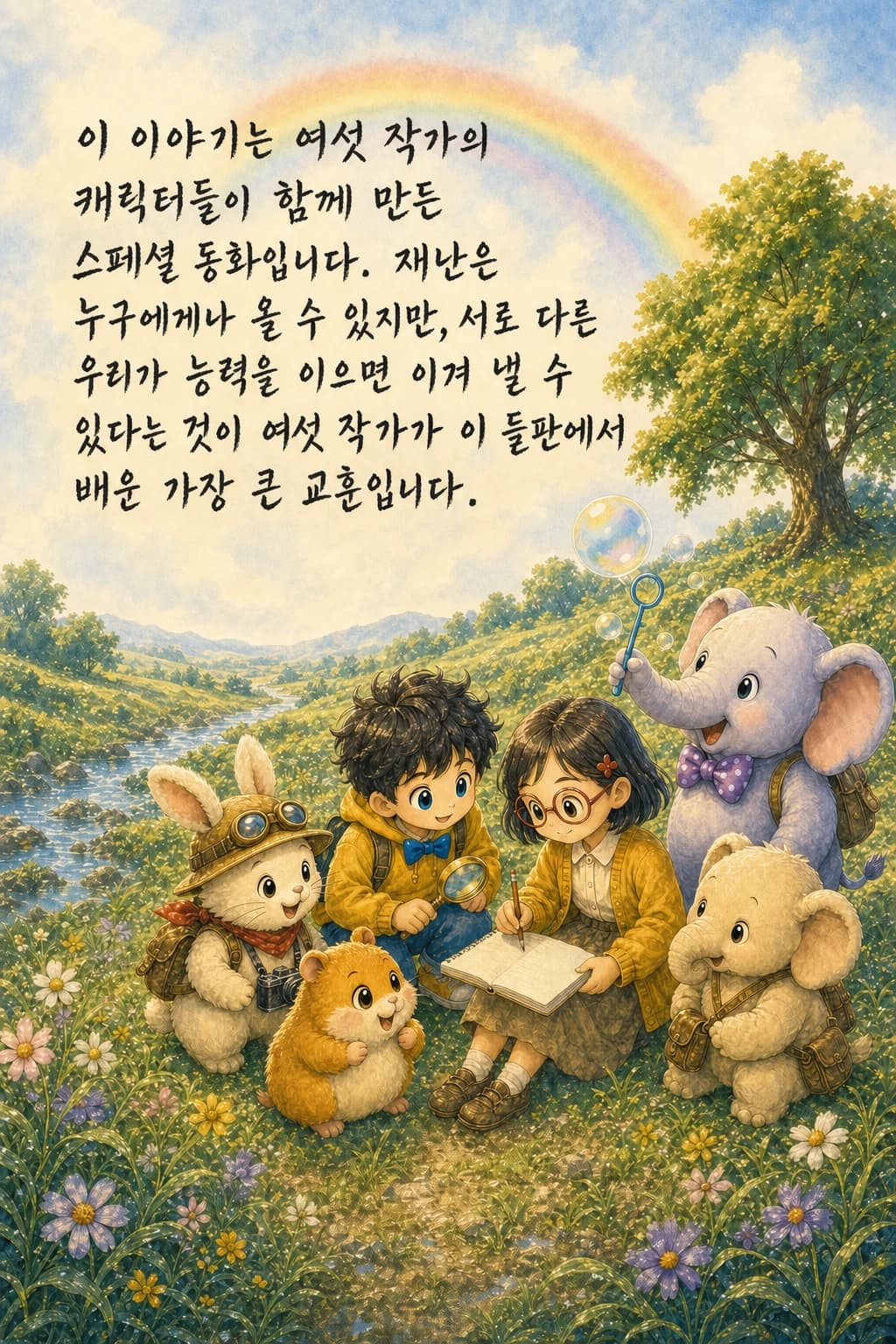 무지개 아래 나란히 선 여섯 친구의 뒷모습