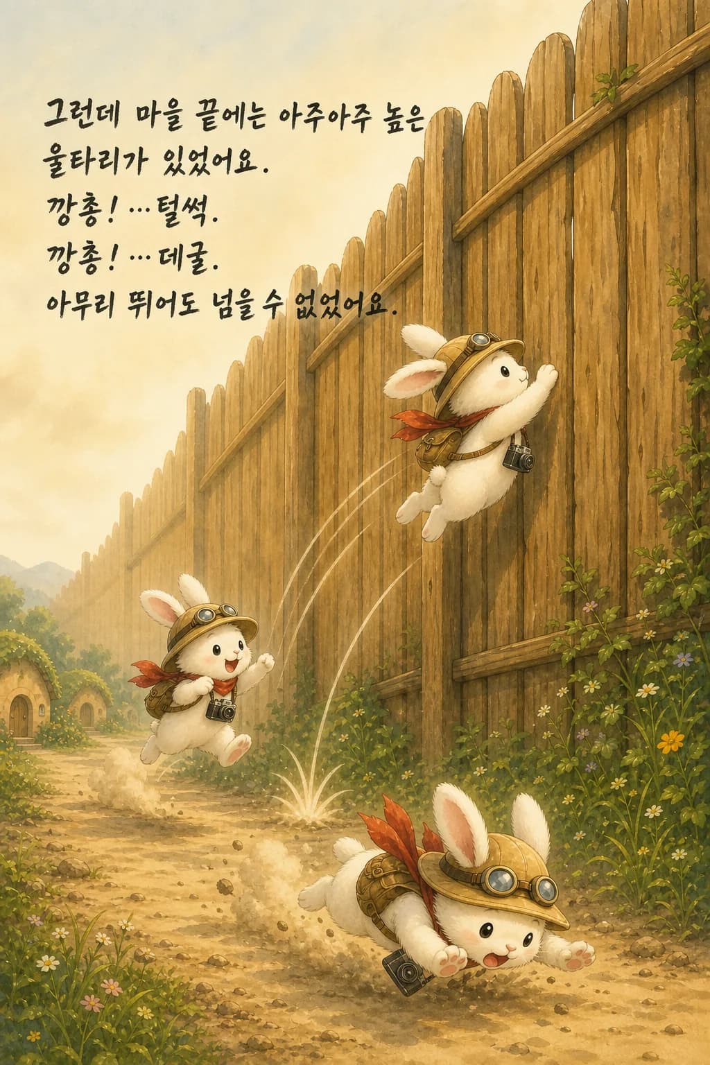 높은 울타리 앞에서 튕겨 구르는 깡총이