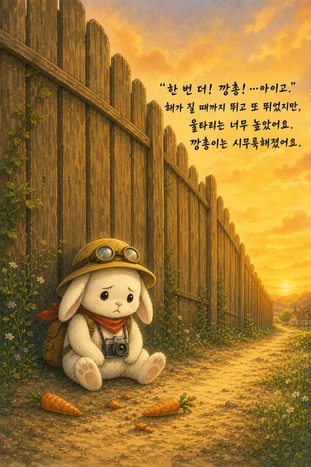 노을 아래 울타리에 기대앉은 깡총이