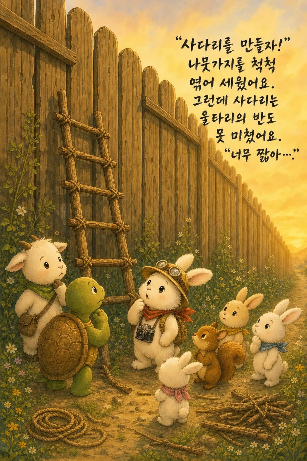 울타리 반까지밖에 안 닿는 짧은 나뭇가지 사다리와 아쉬워하는 친구들