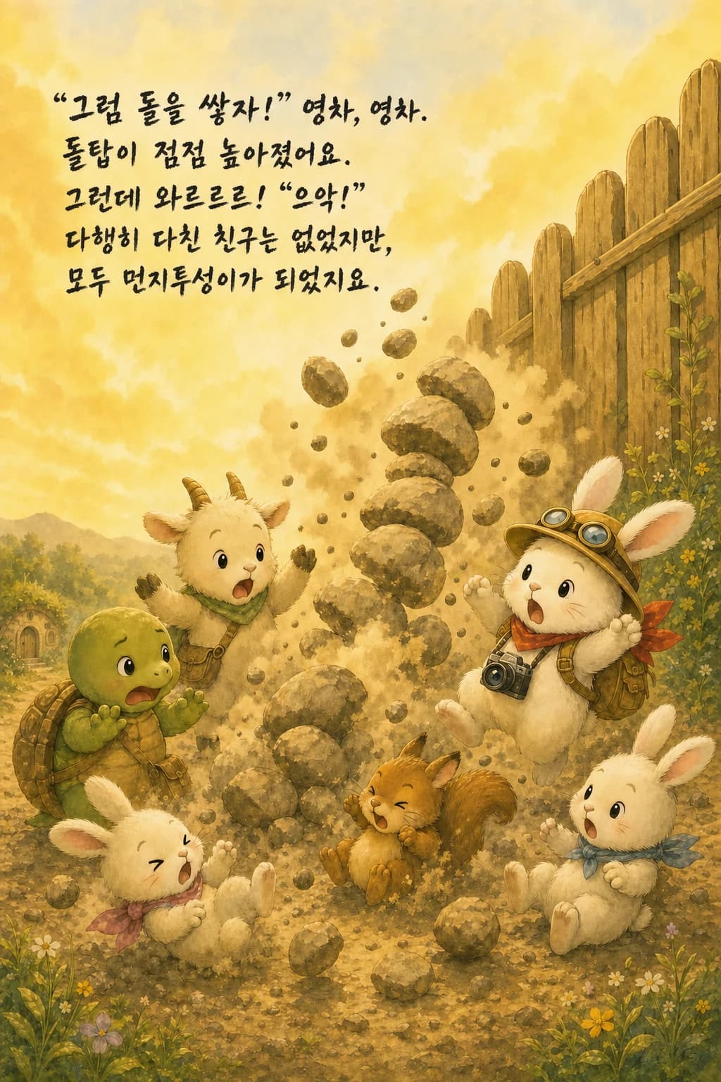 와르르 무너지는 돌탑과 먼지를 뒤집어쓴 친구들