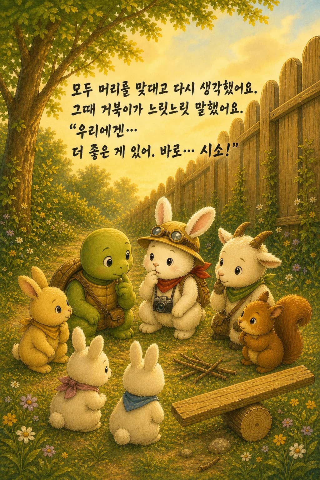 머리를 맞대고 의논하다 시소를 떠올린 친구들