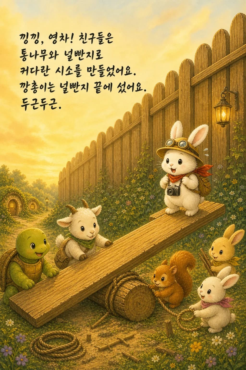 울타리 옆 커다란 시소 위에 선 깡총이