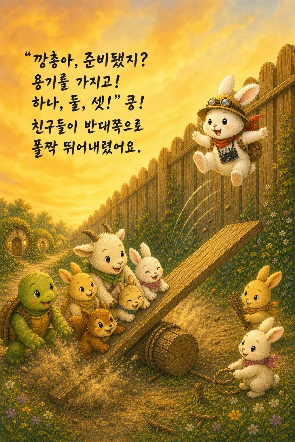 시소 반대편으로 함께 뛰어내리는 친구들