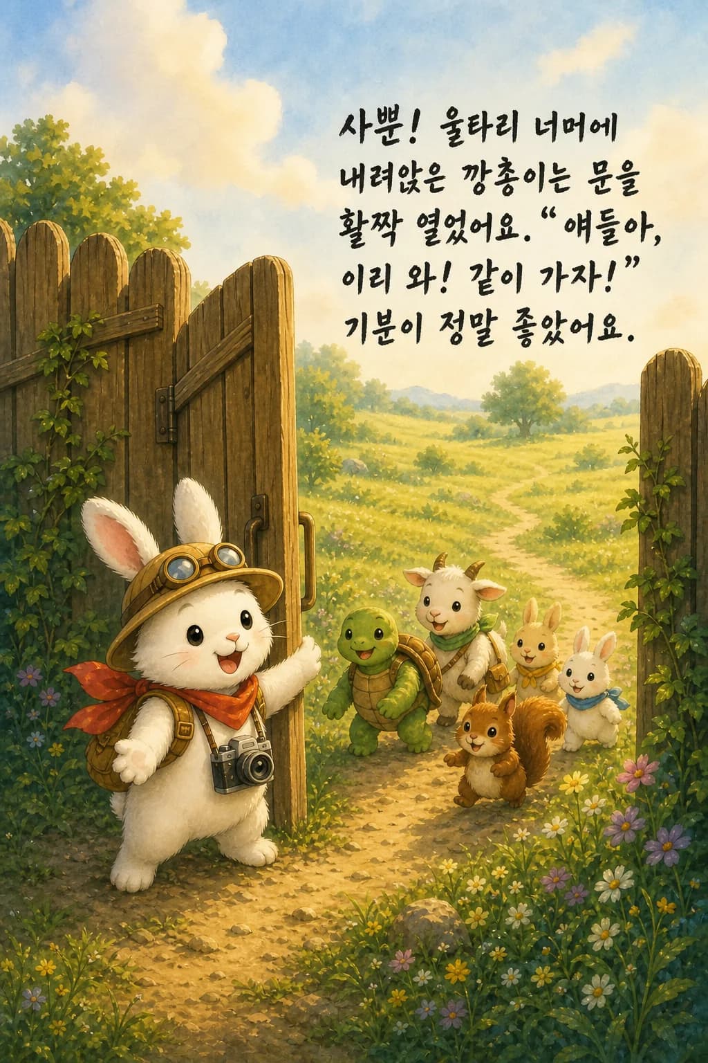 울타리 문을 여는 깡총이와 달려오는 친구들