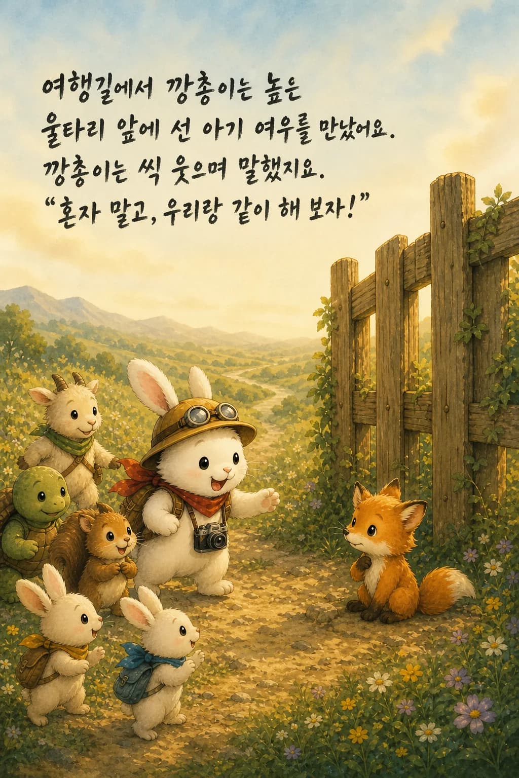 높은 울타리 앞 아기 여우에게 손을 내미는 깡총이와 친구들