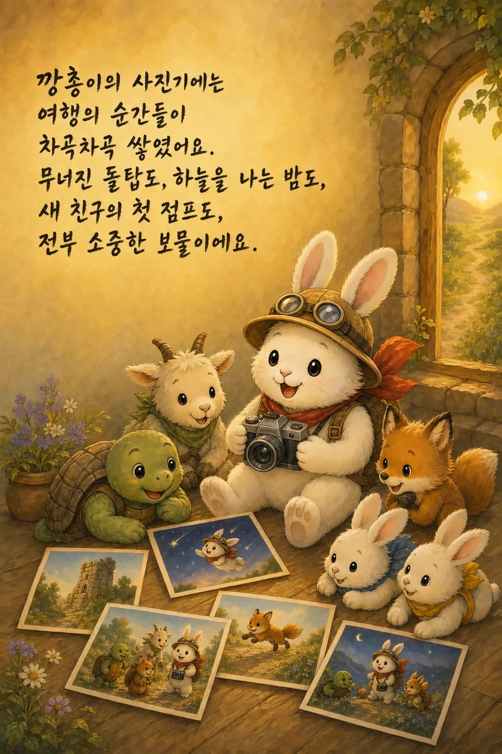 여행 사진들이 널린 탁자 위 사진기와 흐뭇한 깡총이