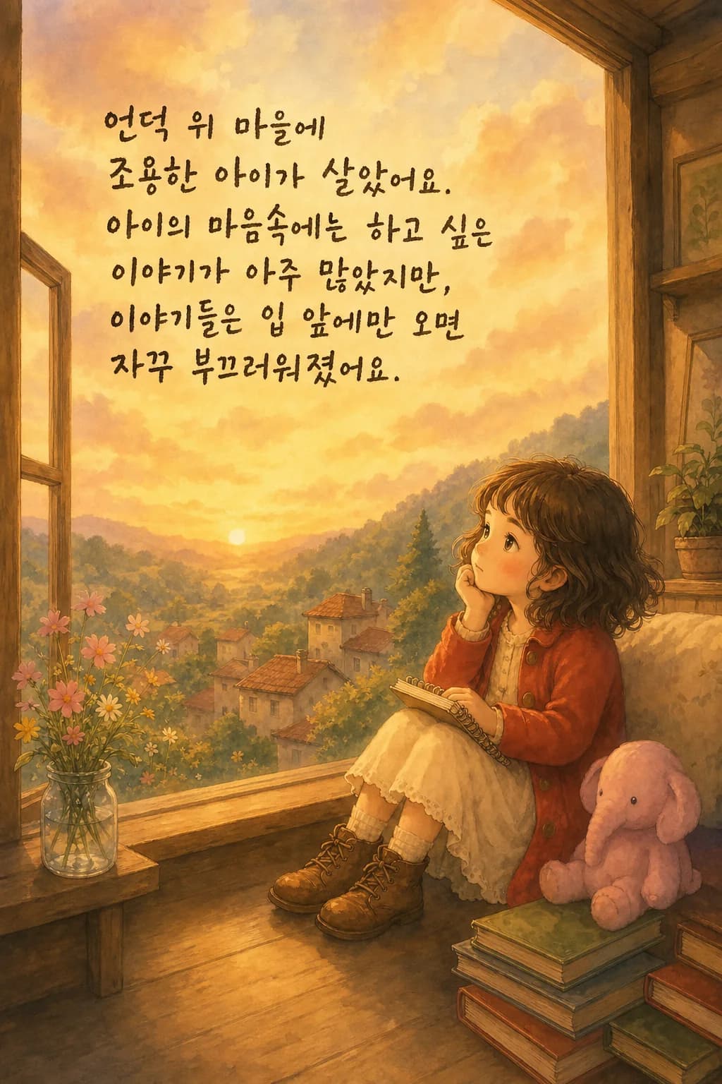 창가에 앉아 말을 삼키는 빨간 코트 아이