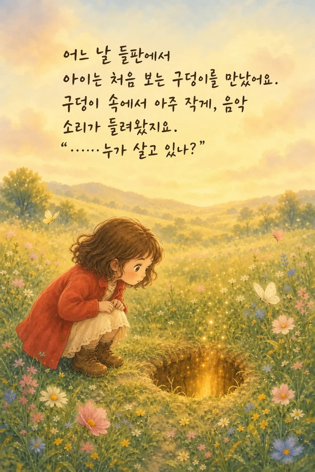 들판의 구덩이를 들여다보는 아이