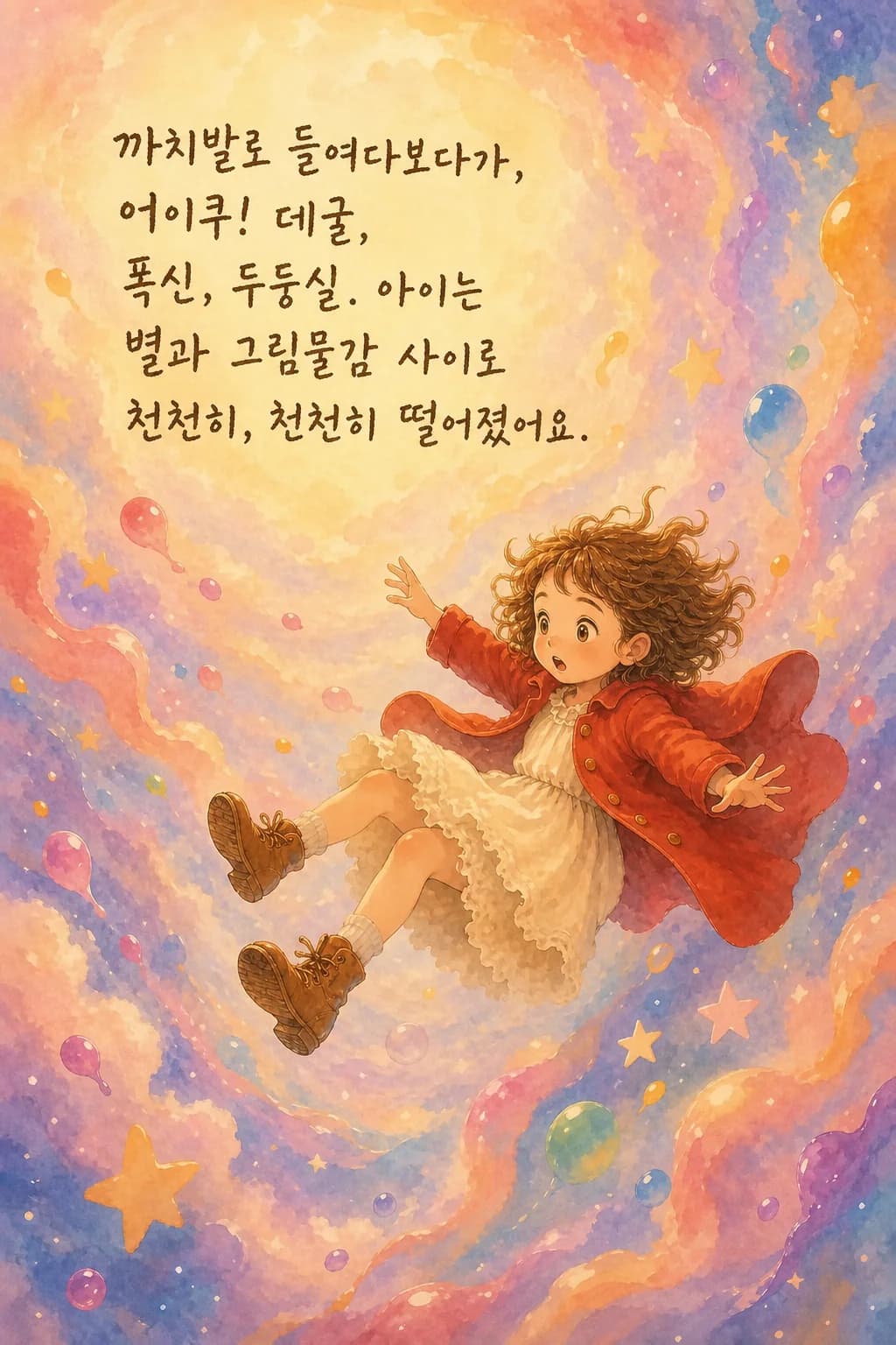 별과 물감 방울 사이로 떨어지는 아이