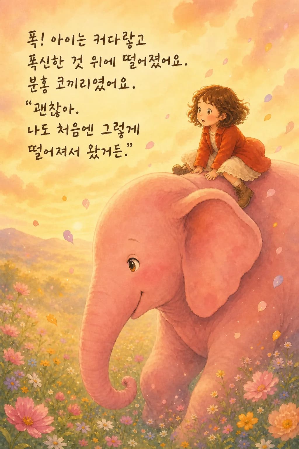 분홍 코끼리 등 위에 폭 안긴 아이