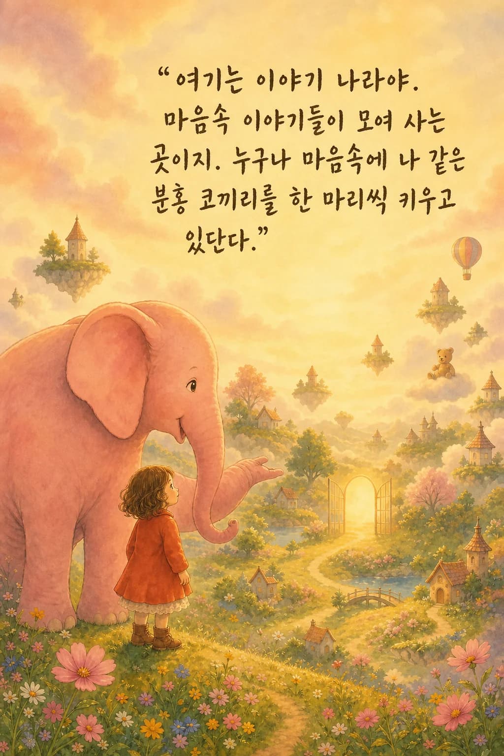 파스텔 들판을 아이와 함께 걷는 분홍 코끼리