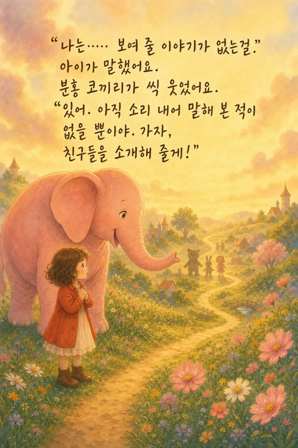 코로 아이 손을 잡아 이끄는 분홍 코끼리
