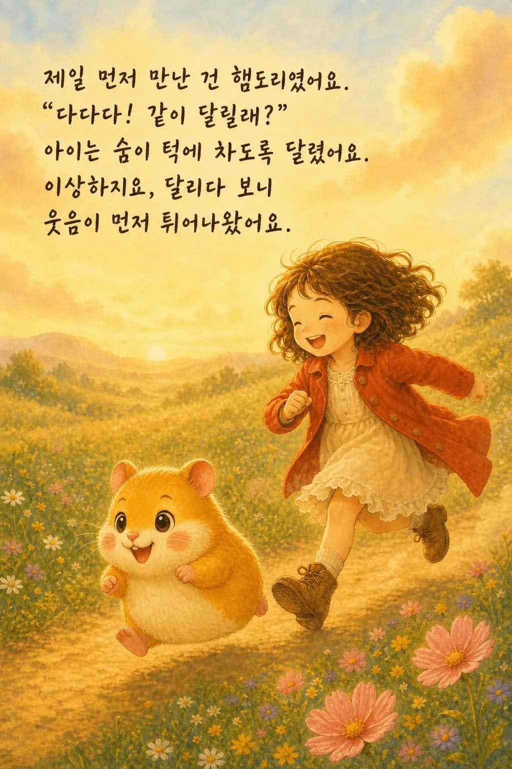 햄도리와 들판을 달리며 웃는 아이