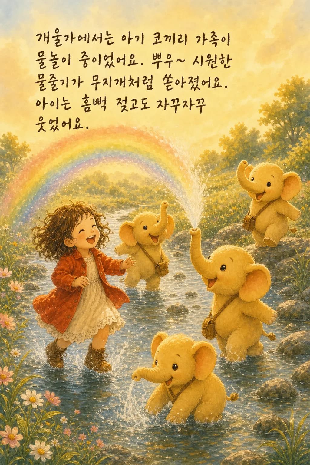 아기 코끼리의 물줄기를 맞으며 노는 아이
