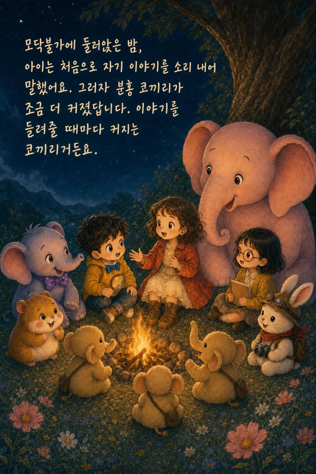 모닥불가에서 이야기를 들려주는 아이와 커진 분홍 코끼리