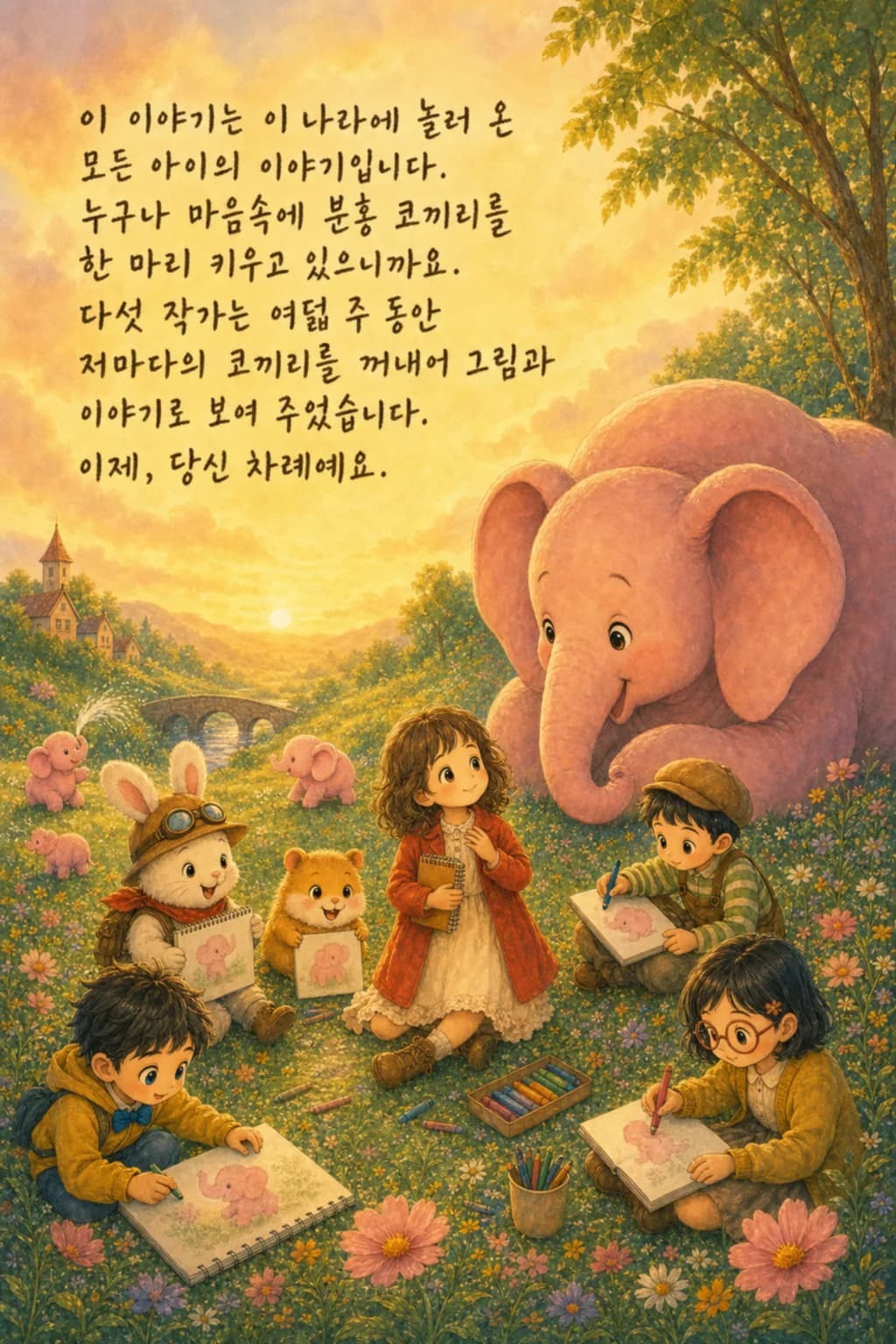 들판에서 손을 흔드는 분홍 코끼리와 일곱 친구