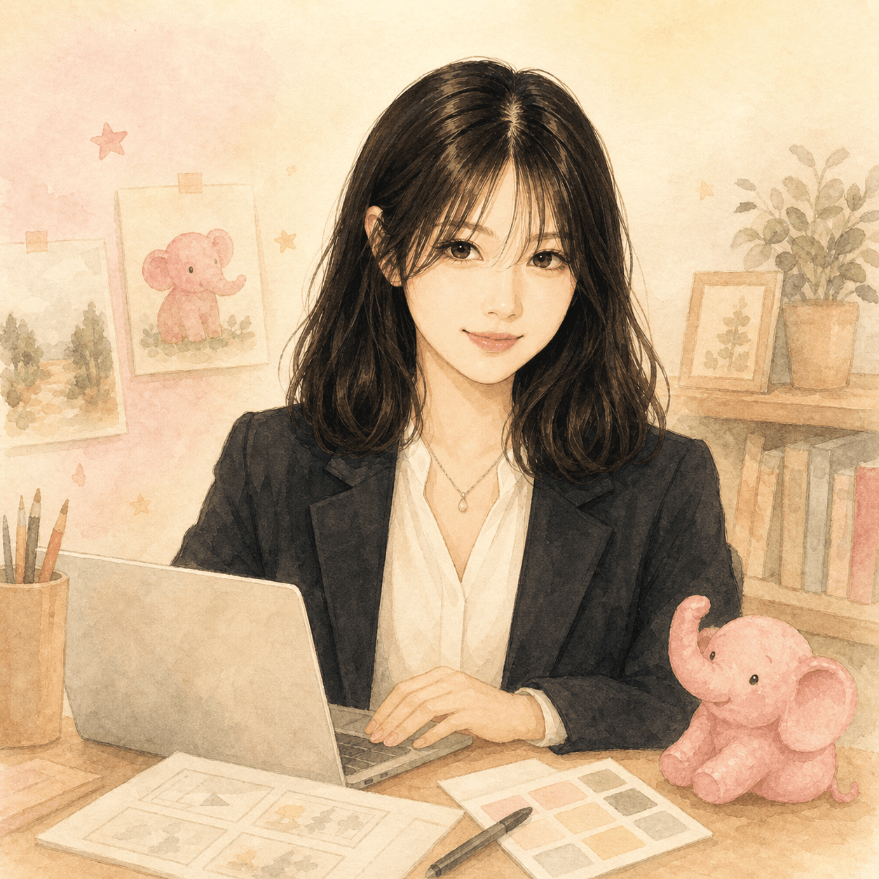 노트북과 분홍 코끼리 곁에서 수업을 준비하는 권다영 서포터즈 대표 수채 일러스트