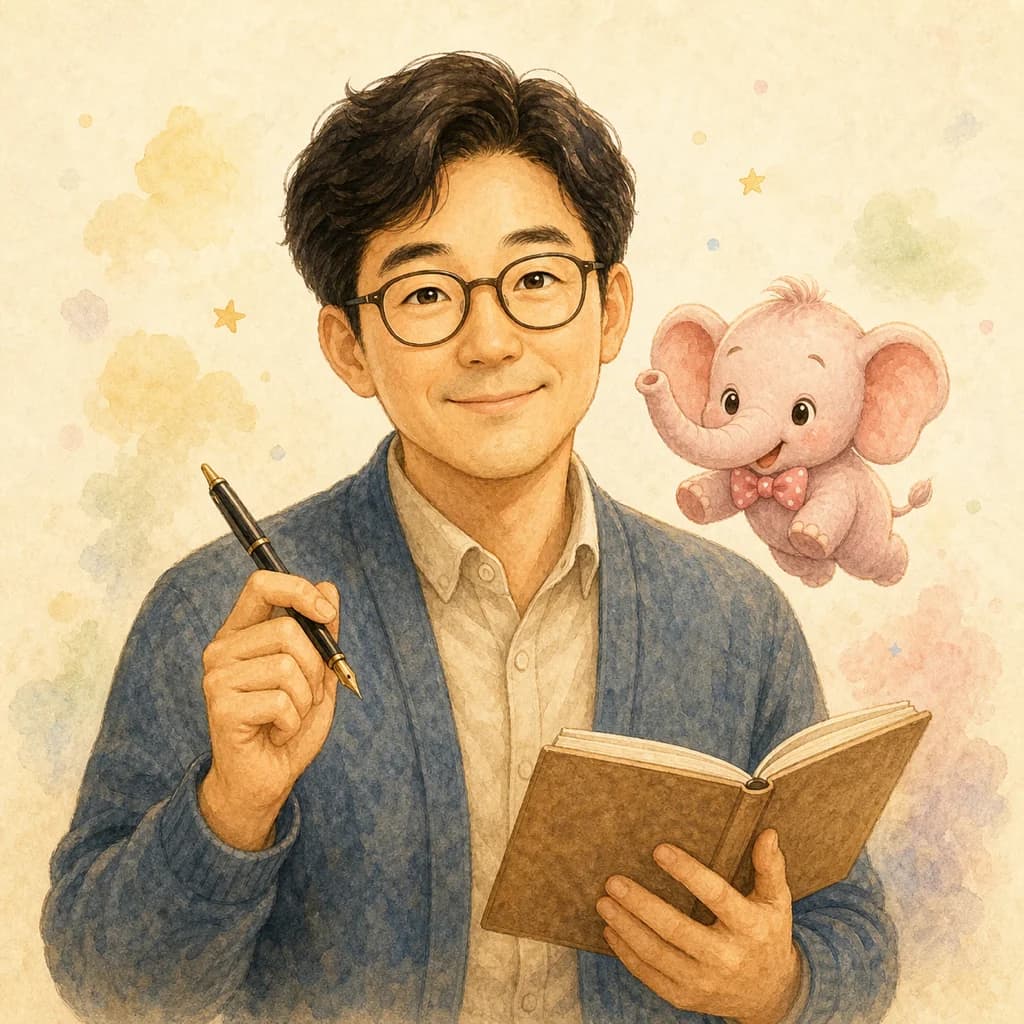 분홍 코끼리와 함께 있는 이민우 강사 수채 일러스트